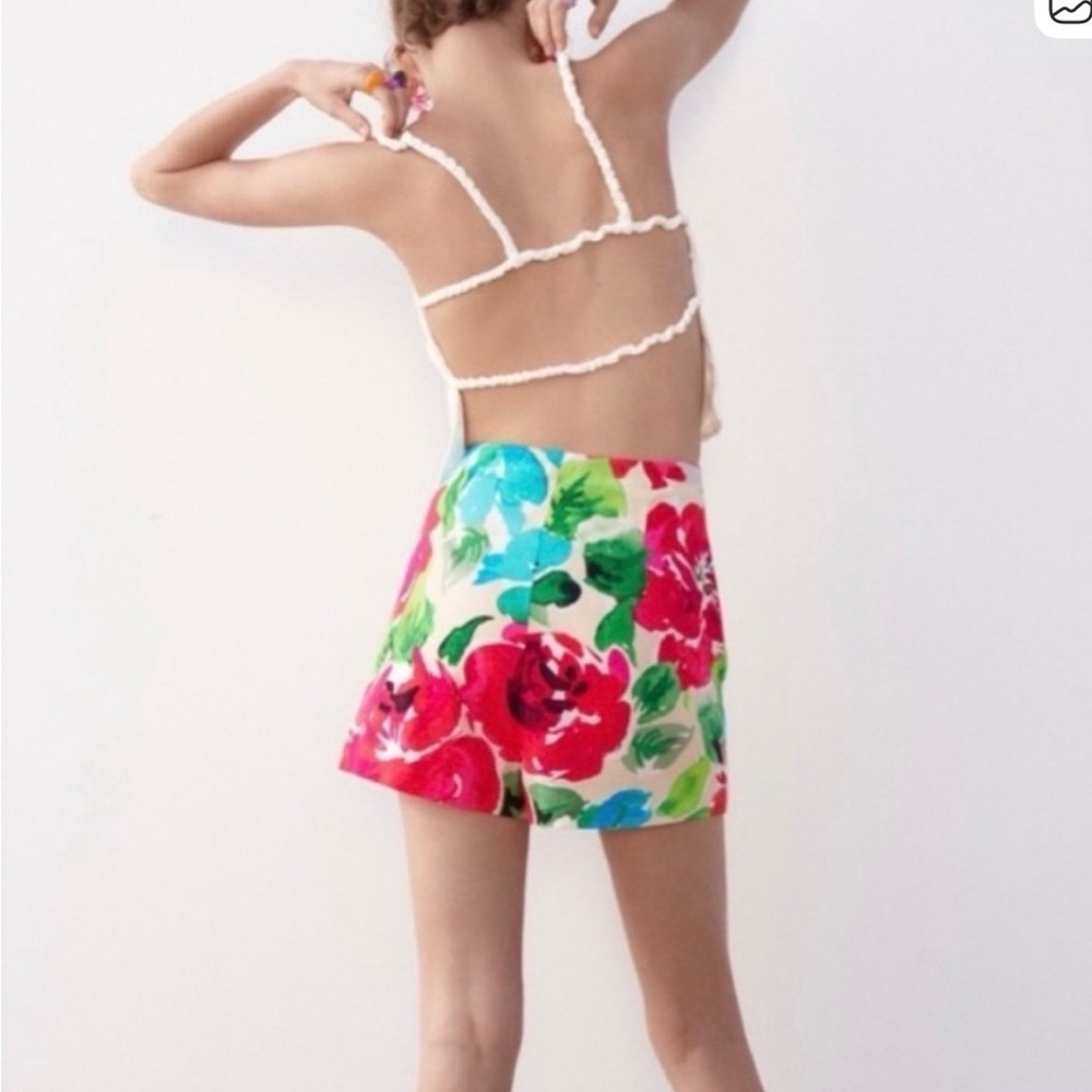 Zara Pink and Green Floral Wrap Linen Viscose Tie Knot Skort Shorts XS preloved - Picture 8 of 8